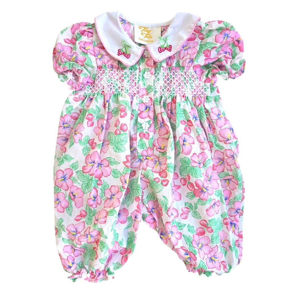 VTG Tiny Tots Baby Romper 3/6 Mos Strawberry Embroidery Peter Pan Collar Cotton